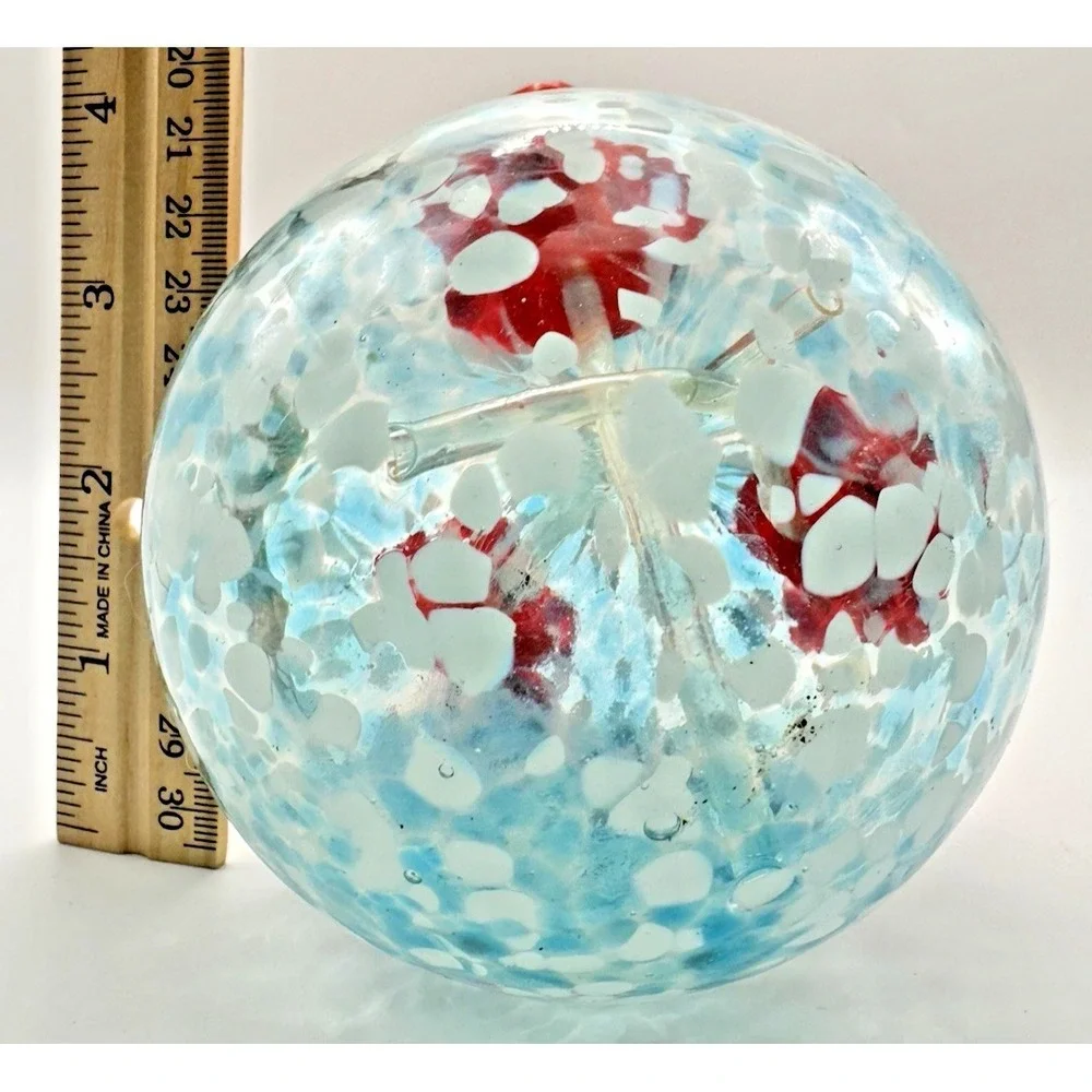 Hummingbird Feeder Hand Blown Glass Blue White Confetti Red Flower Ports Hanging